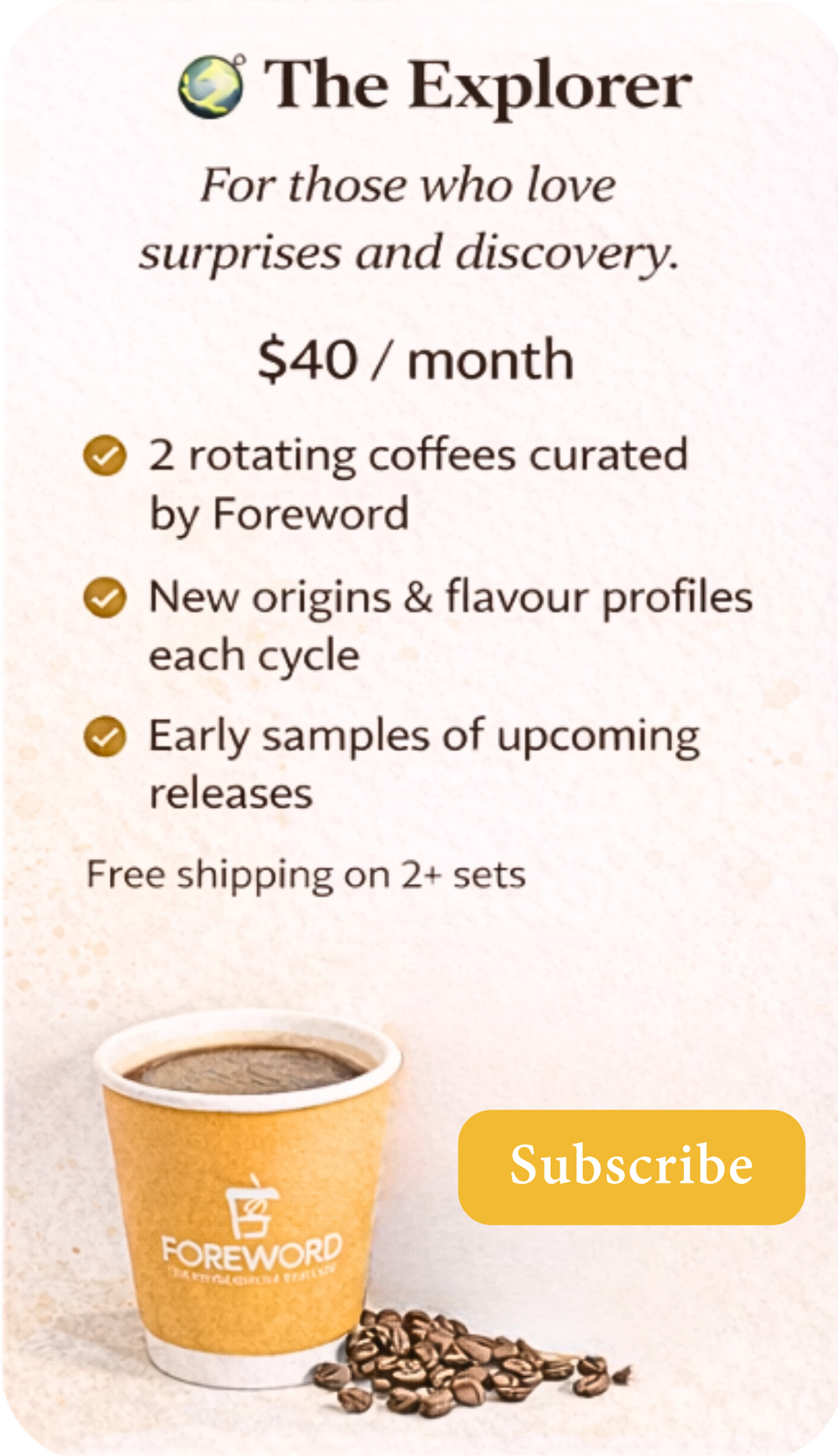 Promotional graphic for a coffee subscription service with a cup and text on a white background